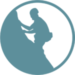 blue and white icon of person rock climbing