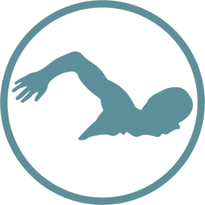 blue and white icon of swimmer